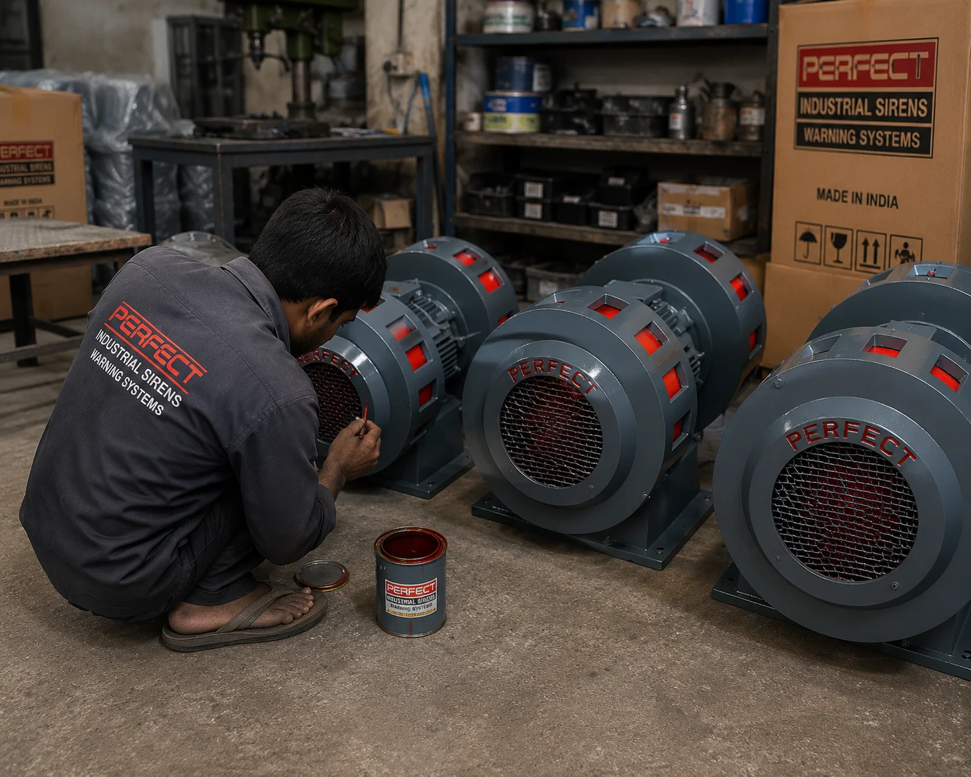 Perfect Industrial Warning Systems manufacturing — workers assembling and painting industrial sirens in Indore factory, Made in India